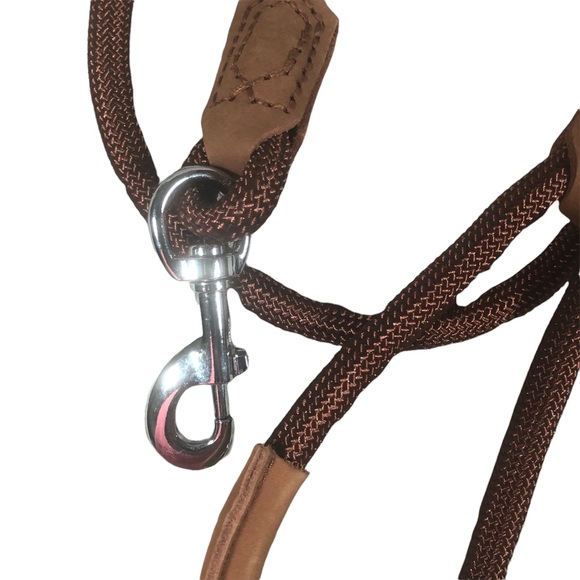 Brown Dog Leash Pet Heavy Duty Vegan Leather Detail Silver Tone Slide Latch Hook - Picture 2 of 5